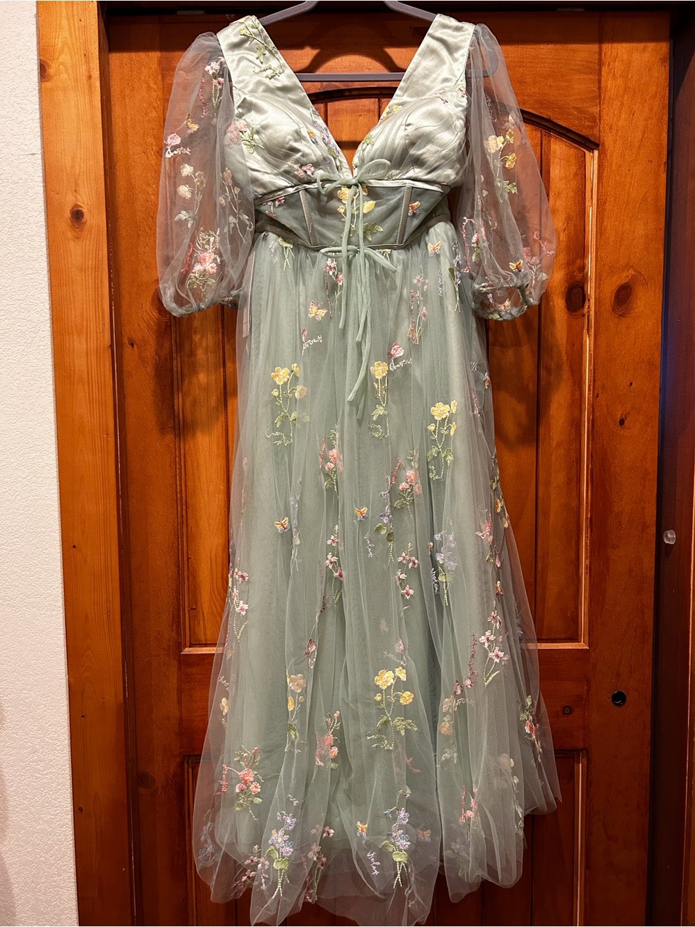 Sage Floral Embroidered Tulle Prom Dress with Puff Sleeves
